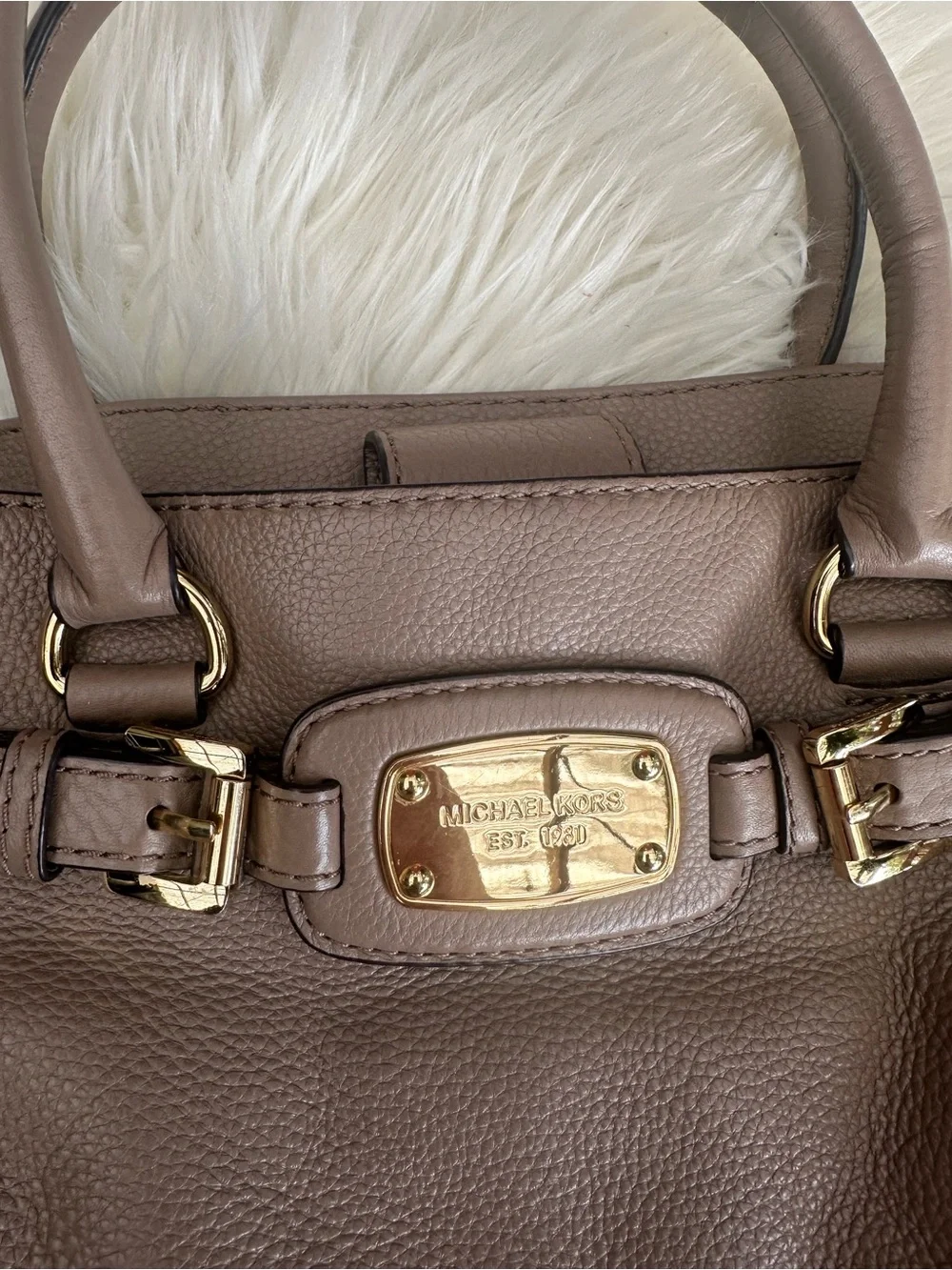 Michael Kors Pebbled Taupe Leather Satchel with Gold Hardware